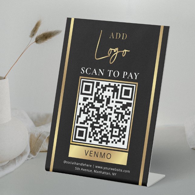 Signe De Table Analyser pour payer le logo commercial Black & Gol (Black & Gold Logo QR code business payment sign, great for venmo, paypal or any other payment method)