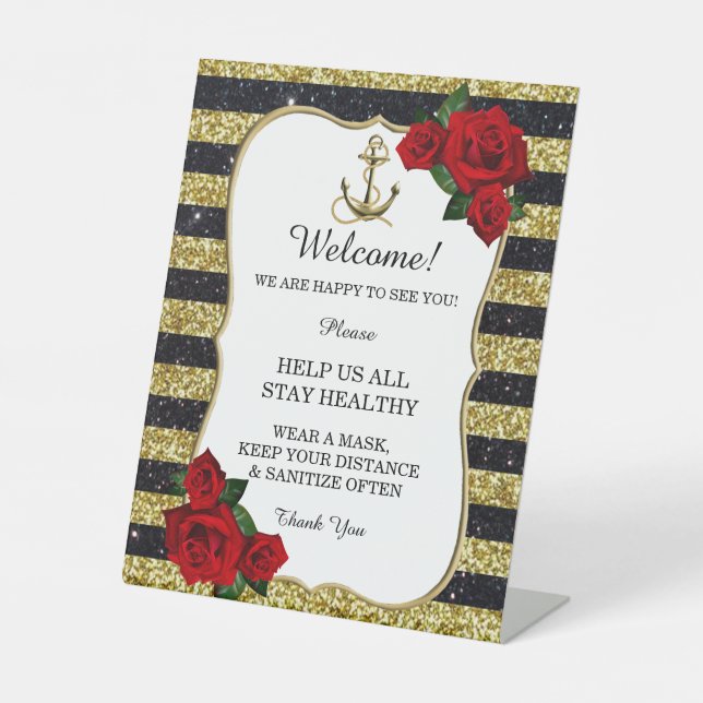 Signe De Table Ancre nautique Gold Black Stripes Mariage Sécurité (Recto)