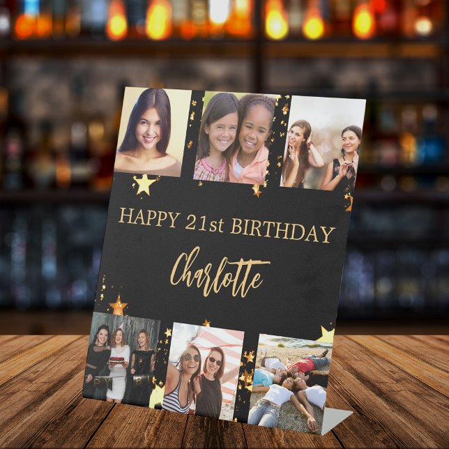Signe De Table Anniversaire noir étoiles or photo collage (Créateur téléchargé)