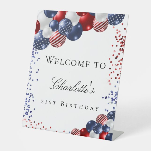 Signe De Table Anniversaire patriotique rouge blanc bleu ballons  (Recto)