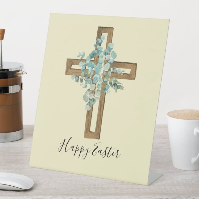 Signe De Table Aquarelle Croix de Pâques et Eucalyptus (In SItu)