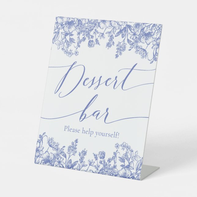Signe De Table Aquarelle Elégante Bleu Floral Dessert Bar Signal (Recto)