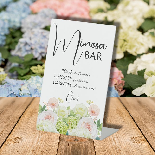 Signe De Table Aquarelle Fête des mariées Florale Mimosa Bar (Bridal Shower Mimosa Bar Pedestal Sign with  Watercolor Florals)