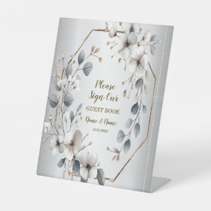 Signe De Table Aquarelle Fleurs blanches Cadre doré Argent Turquo