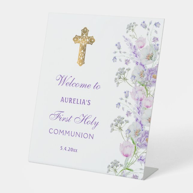 Signe De Table Aquarelle Lilac Fleurs Première communion Accueil (Recto)