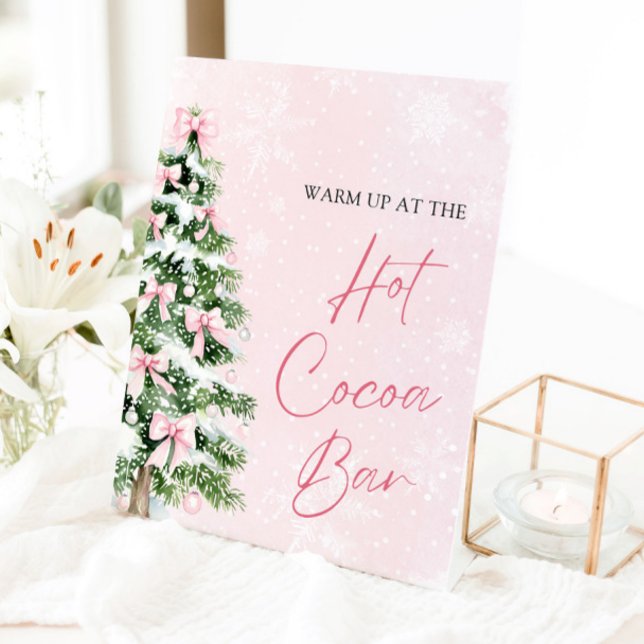 Signe De Table Aquarelle rose Vaches Noël Arbre Hot Cocoa Bar (Watercolor Pink Bows Christmas Tree Hot Cocoa Bar Pedestal Sign)