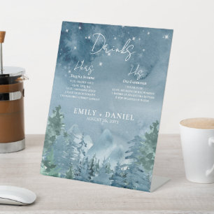 Signe De Table Aquarelle rustique bleu foncé Dusk Montagnes Maria