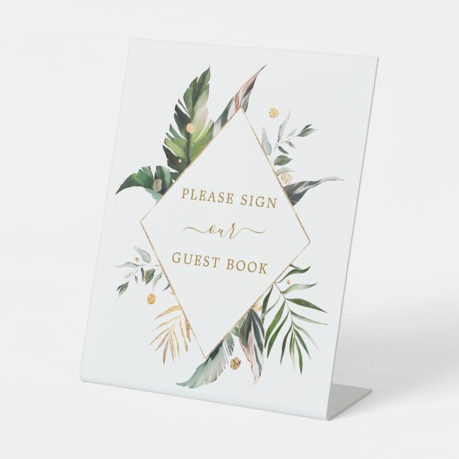 Signe De Table Aquarelle tropicale Feuille Mariage livre d'hôtes (Recto)