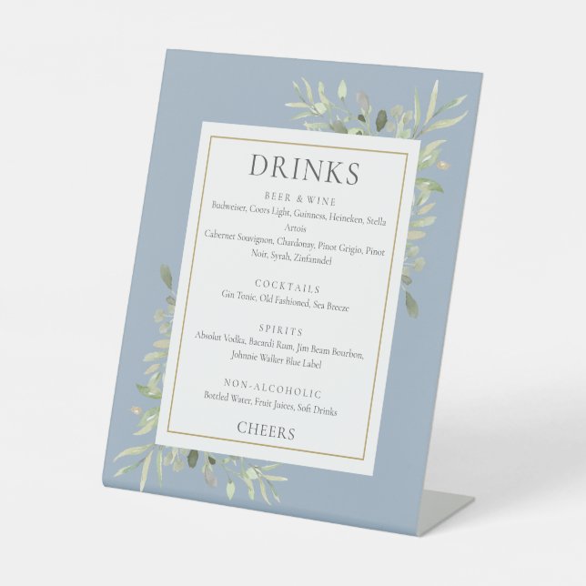 Signe De Table Aquarelle Vert Boissons Menu Dusty Blue (Recto)