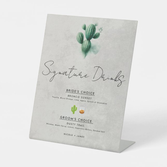 Signe De Table Aquarelle Vert Cactus Mariage Signature Boissons (Recto)