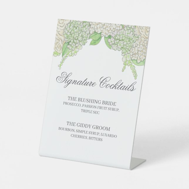 Signe De Table Aquarelle Vert et Blanc Hydrangea Cocktail Menu (Recto)