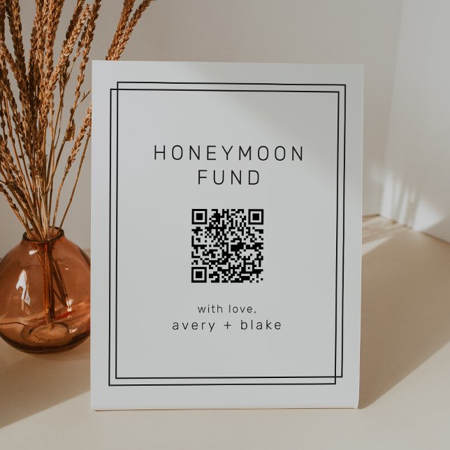 Signe De Table AVERA Moderne QR Code Mariage Honeymoon Fund (AVERY Modern QR Code Wedding Honeymoon Fund Pedestal Sign)