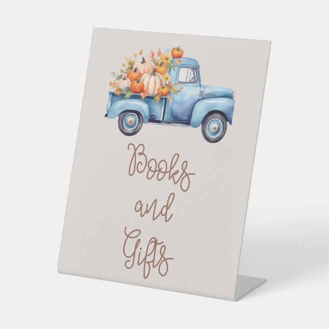 Signe De Table Baby shower Automne Bleu Citrouille Camion Livres  (Recto)