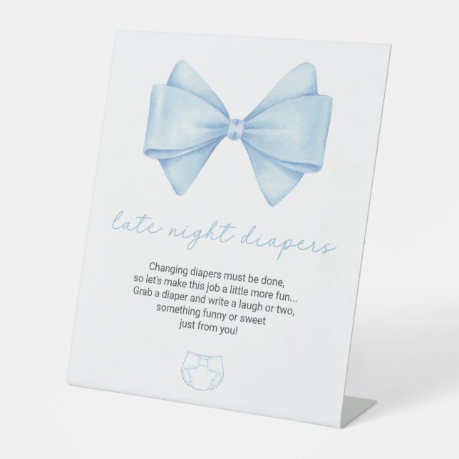 Signe De Table Baby shower Bleu Bow Late Night Diapés (Recto)