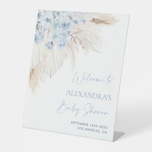 Signe De Table Baby shower Blue Pampas Grass Boy Affiche de bienv (Recto)