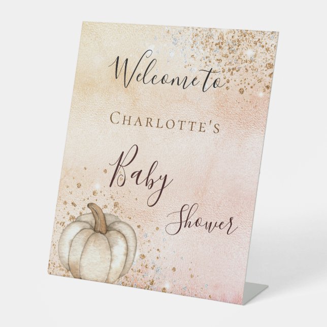 Signe De Table Baby shower citrouille rose parties scintillant or (Recto)