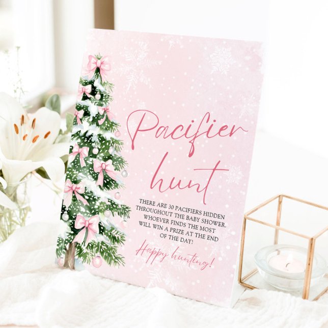 Signe De Table Baby shower de l'arbre de Noël Pink Bow (Pink Bow Christmas Tree Baby Shower Pacifier Hunt Game Sign)
