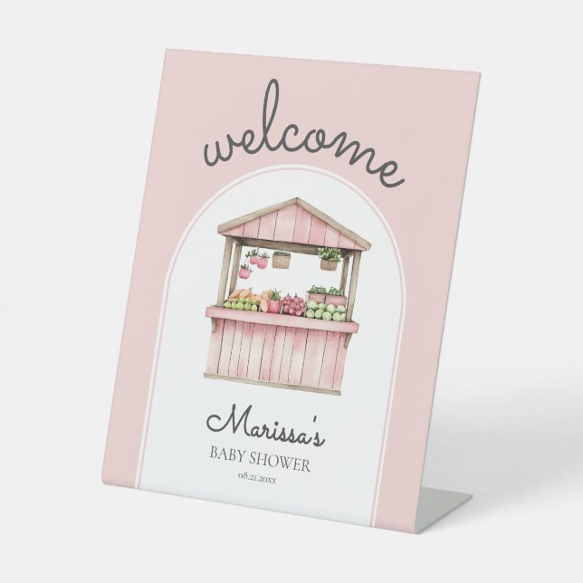 Signe De Table Baby shower des fermiers roses Bienvenue (Recto)
