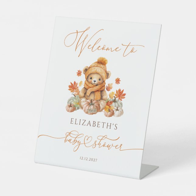 Signe De Table Baby shower d'ours en peluche d'automne Bienvenue (Recto)