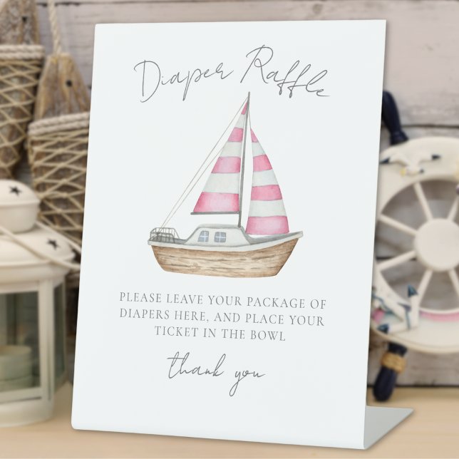 Signe De Table Baby shower nautique rose carreau (Diaper Raffle Pink Nautical Baby Shower Pedestal Sign)
