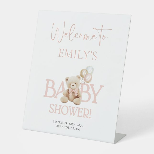 Signe De Table Baby shower Ours En Teddy Rose Accueil Piédestal (Recto)