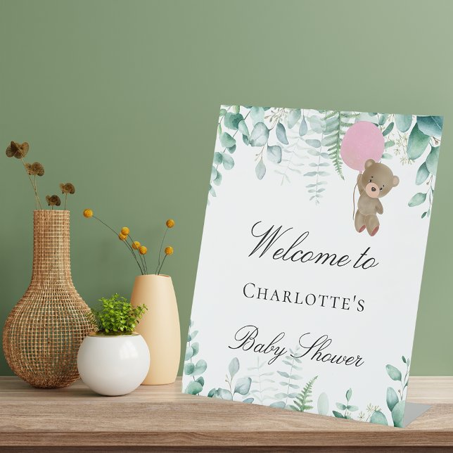 Signe De Table Baby shower ourson fille forêt d'eucalyptus rose (Créateur téléchargé)