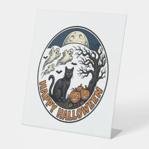Signe De Table Badge Chat de Halloween Vintage Fantôme Clair de L