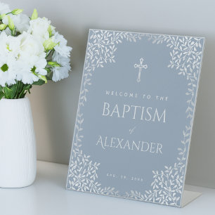 Signe De Table Baptême garçon Dusty Blue Faux Feuilles d'argent B
