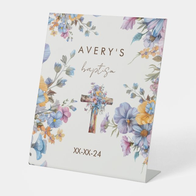 Signe De Table Baptême moderne couleur bleue croix élégant (Recto)