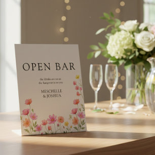 Signe De Table Bar à boissons ouvert Mariage Fleur sauvage Orange