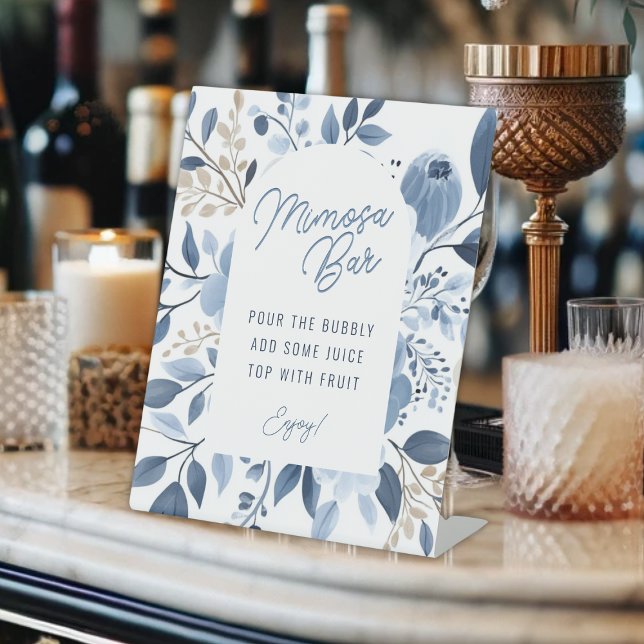 Signe De Table Bar à Mimosa pour une Baby Shower Bohème Élégante  (Dusty blue floral mimosa bar table top sign)