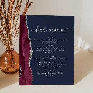 Signe De Table Bar mariage Menu Burgundy Argent Agate Marine Bleu