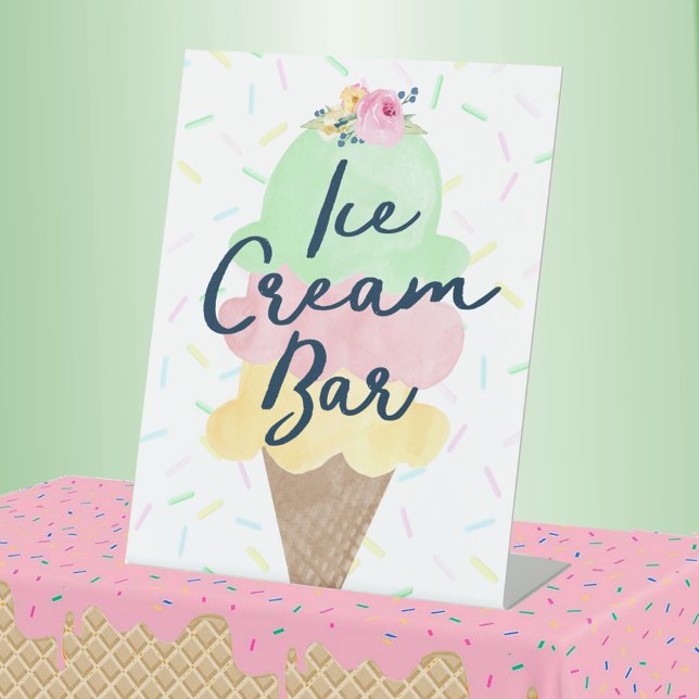 Signe De Table Barre de glace (Watercolor Ice Cream Bar Party Pedestal Sign for Birthday, Baby Shower or Scooped Up Bridal Shower)