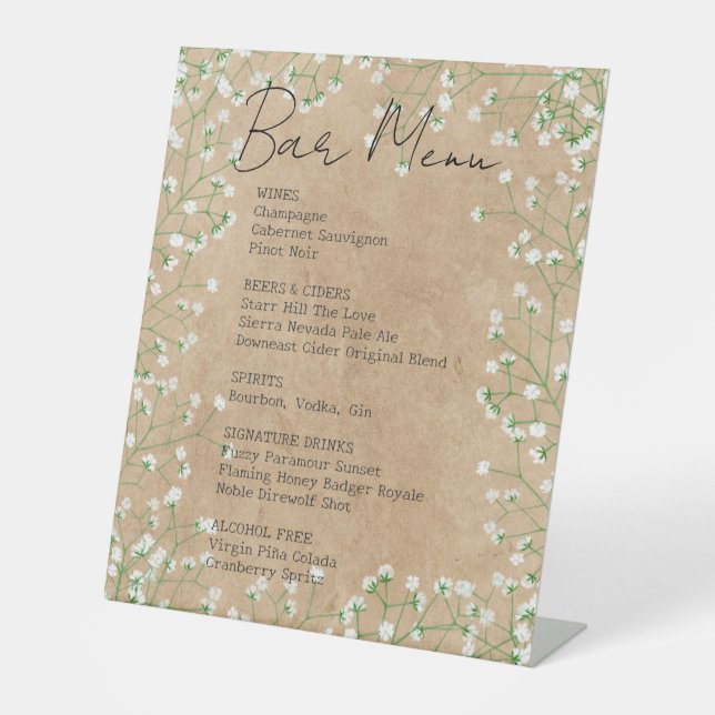 Signe De Table Barre de Mariage rustique - Fleurs du souffle du b (Recto)
