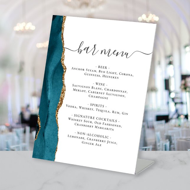 Signe De Table Barre mariage Menu Turquoise Bleu Or Agate (Créateur téléchargé)