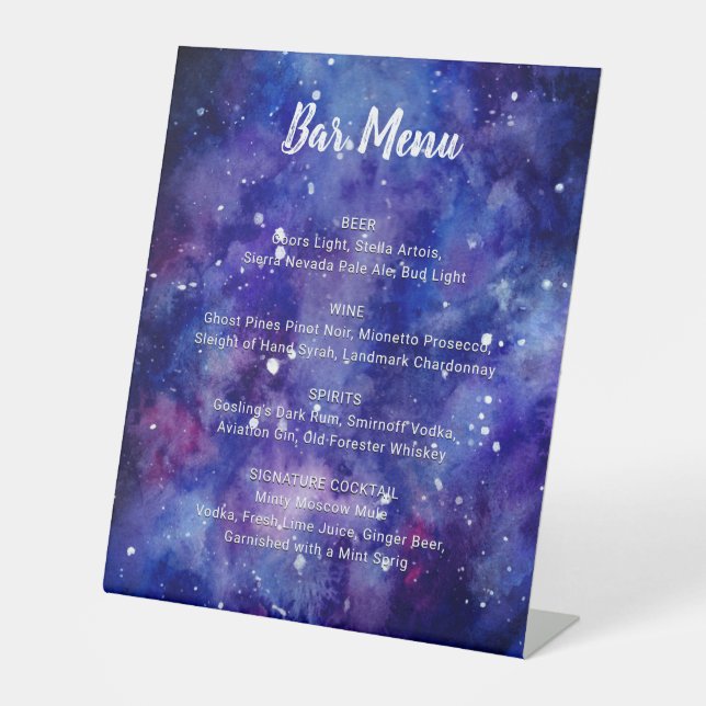 Signe De Table Barre Menu Aquarelle Galaxy Starry Night Mariage (Recto)