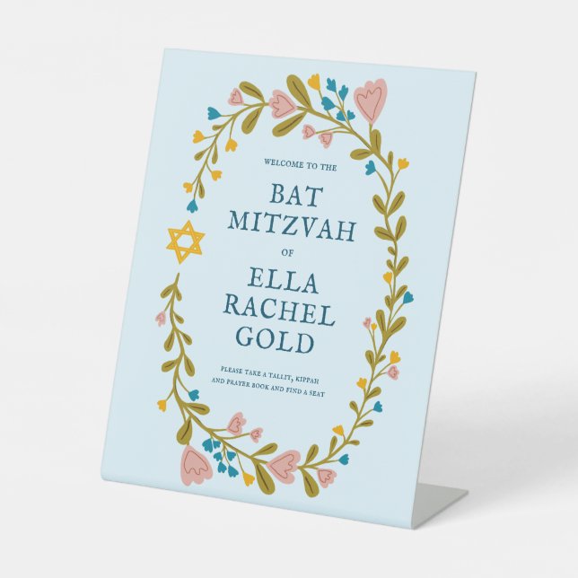 Signe De Table Bat mitzvah à couronne florale à main Welcom perso (Recto)
