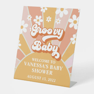Signe De Table Bienvenue à la Baby Shower Groovy Baby Retro Sunsh