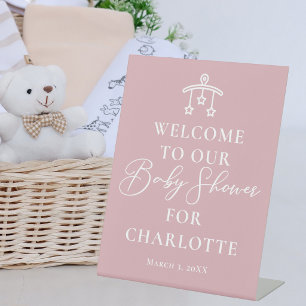 Signe De Table Bienvenue à la Baby Shower Rose Poussiéreuse