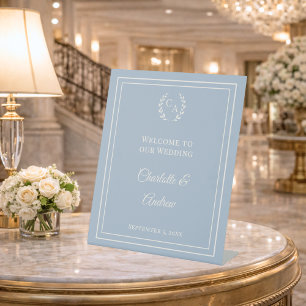 Signe De Table Bienvenue élégante de mariage avec monogramme bleu
