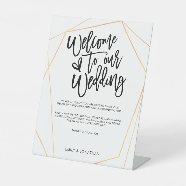Signe De Table Bienvenue Mariage COVID Safety Script Gold Géométr (Recto)