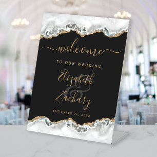 Signe De Table Bienvenue Mariage Gris Blanc Or Agate Sombre