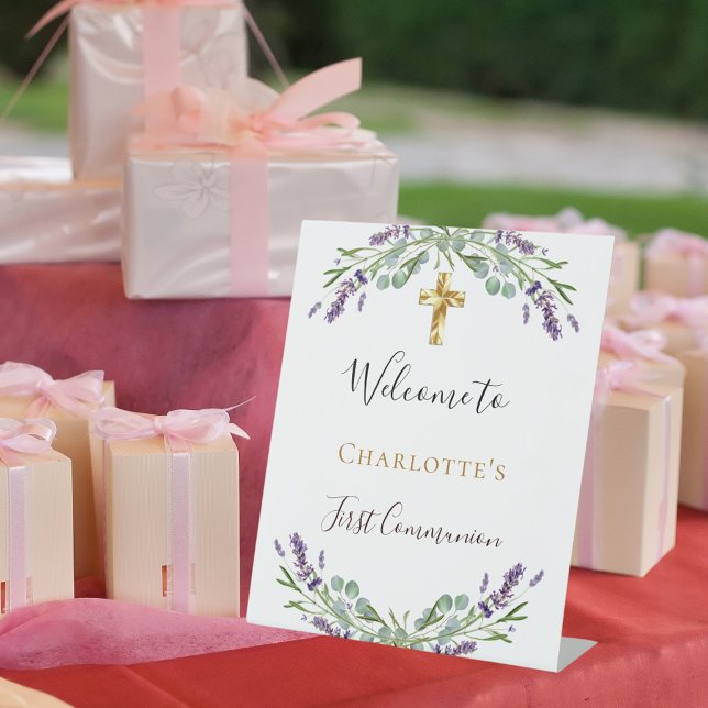 Signe De Table Bienvenue pour la première communion sur fond flor (Créateur téléchargé)