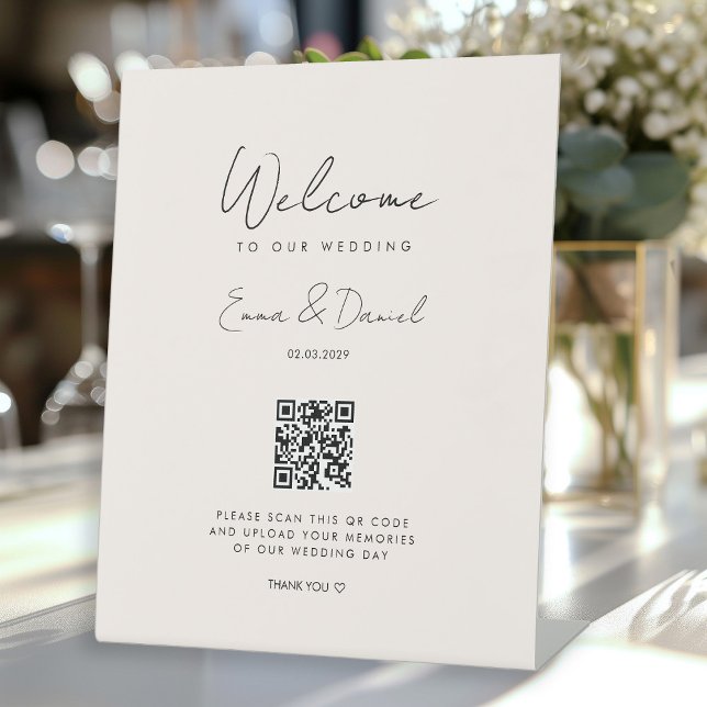 Signe De Table Bienvenue QR Code Mariage Galerie Beige (Créateur téléchargé)