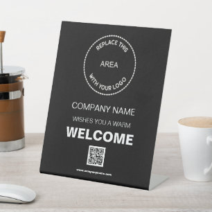 Signe De Table Bienvenue Société Votre Logo Code QR Noir