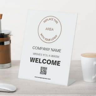 Signe De Table Bienvenue Société Votre logo QR Code blanc