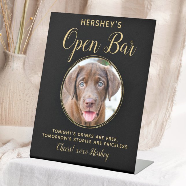 Signe De Table Black Gold Mariage Open Bar Custom Pet Dog Photo (Créateur téléchargé)