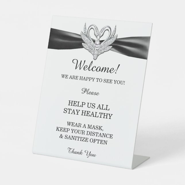 Signe De Table Black Ribbon Silver Swans Sécurité Mariage (Recto)