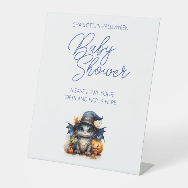 Signe De Table Bleu Aquarelle Bébé Dragon Baby shower Halloween (Recto)
