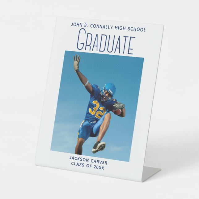 Signe De Table Bleu Script Graduate Photo Sporty Graduation Party (Recto)